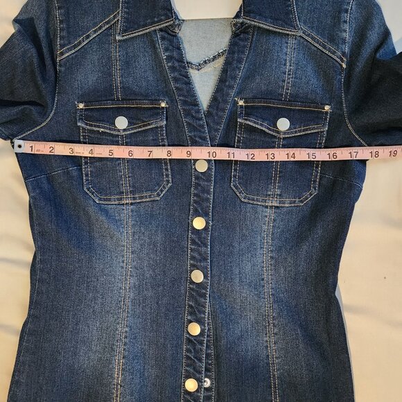 Denim Dress Button Down Long Sleeve Dark Wash Casual Shirt Dress - Picture 8 of 9